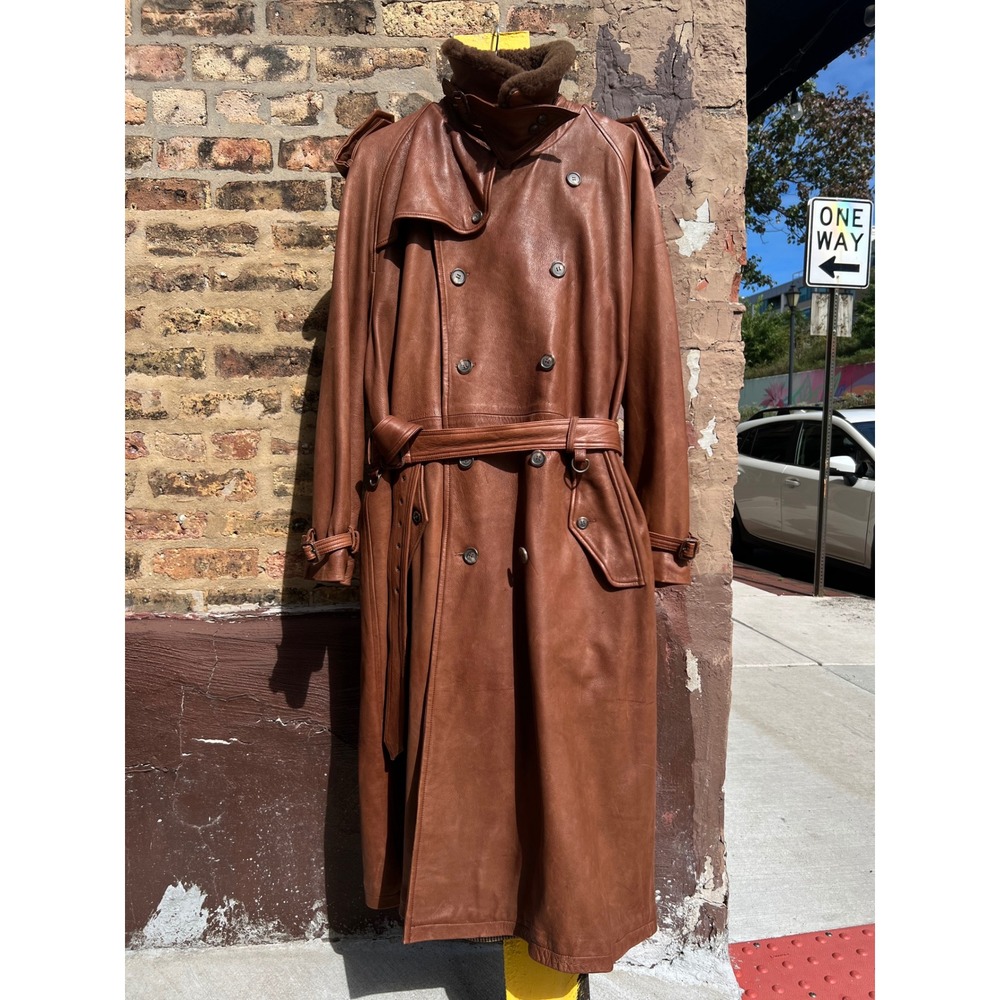 VTG Ralph Lauren Brown Leather Trench Coat with Mouton Collar XL